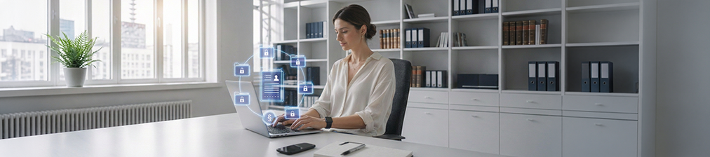 Bürofrau sitzend vor Laptop im Homeoffice mit digitaler Einblendung einer Personalakte